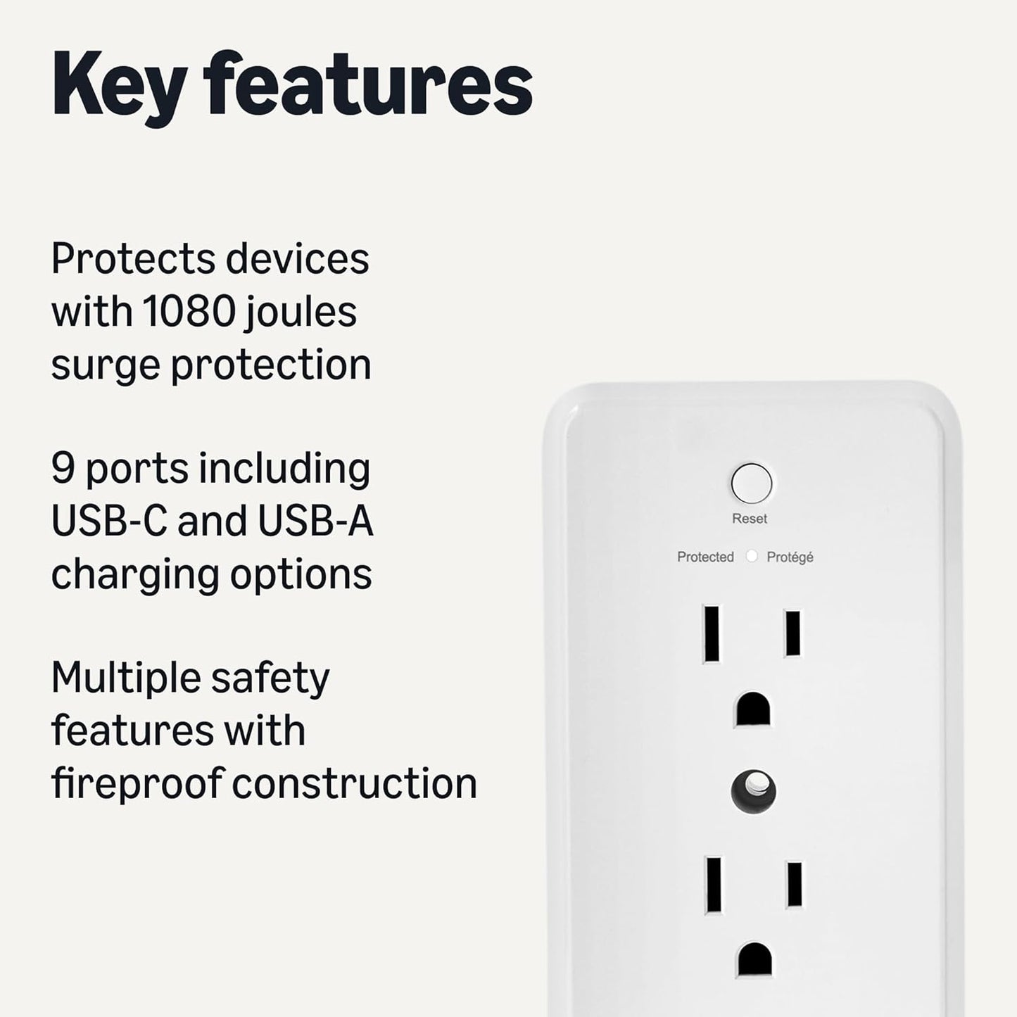 Regleta protección sobretensiones 9 en 1 con 6 salidas CA 1 USB-A 2 USB-C