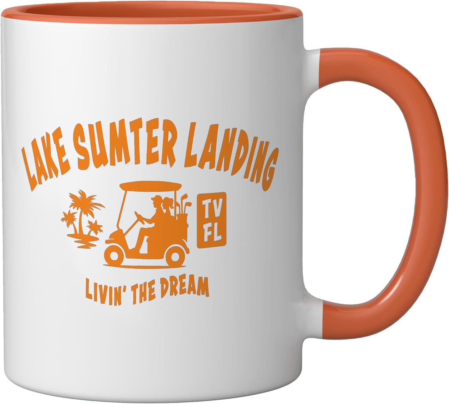 Taza cerámica Lake Sumter Landing TV Florida con diseño palmeras y colores naranja/blanco
