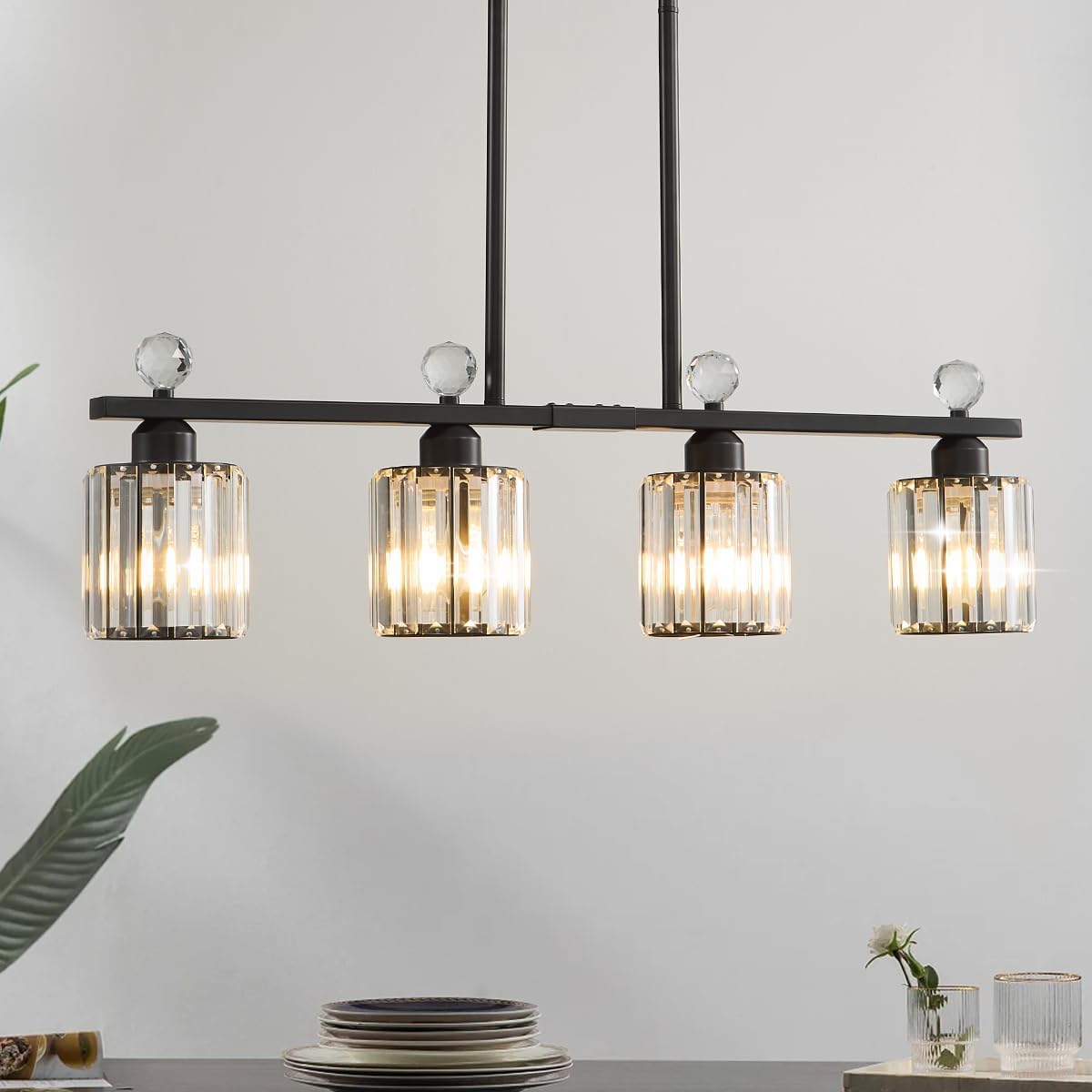Lámpara comedor luces colgantes cristal 4 luces negro