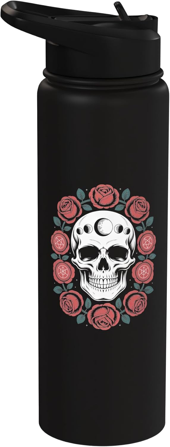 Botella de agua acero inoxidable con diseño calavera, fases de luna y rosas