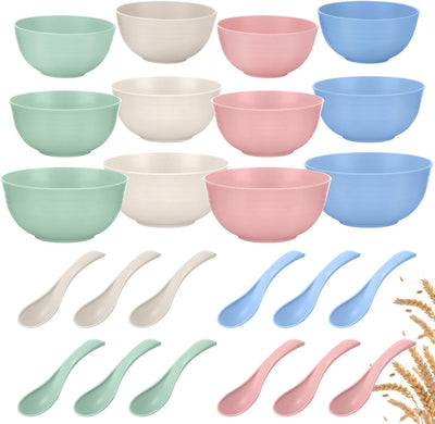 24 cuencos irrompibles de paja de trigo con cucharas, aptos para microondas y lavavajillas, multicolor