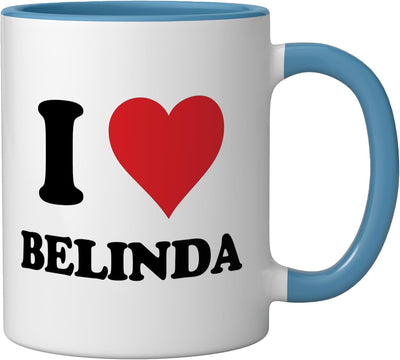 Taza cerámica personalizada azul/blanco I Heart Belinda