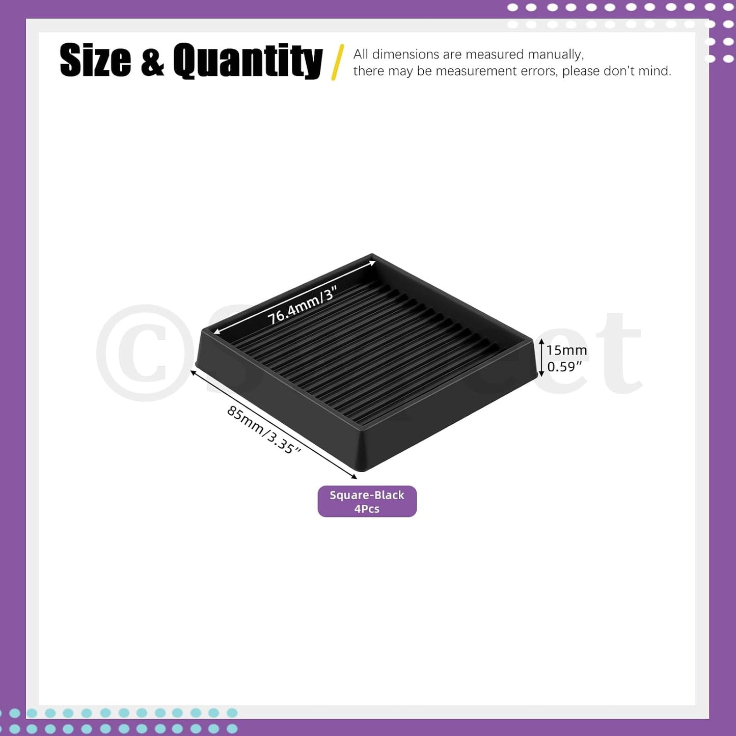 Set 4 Tazas Cuadradas Goma Negra Antiderrap 3x3pulg