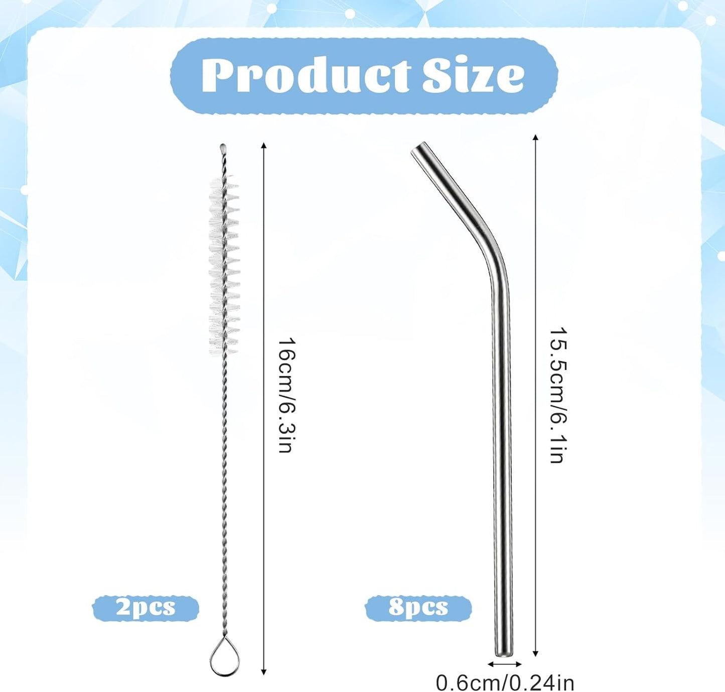 8 Pzas Pajitas Acero Inox 6pulg Reutilizables con Cepillos