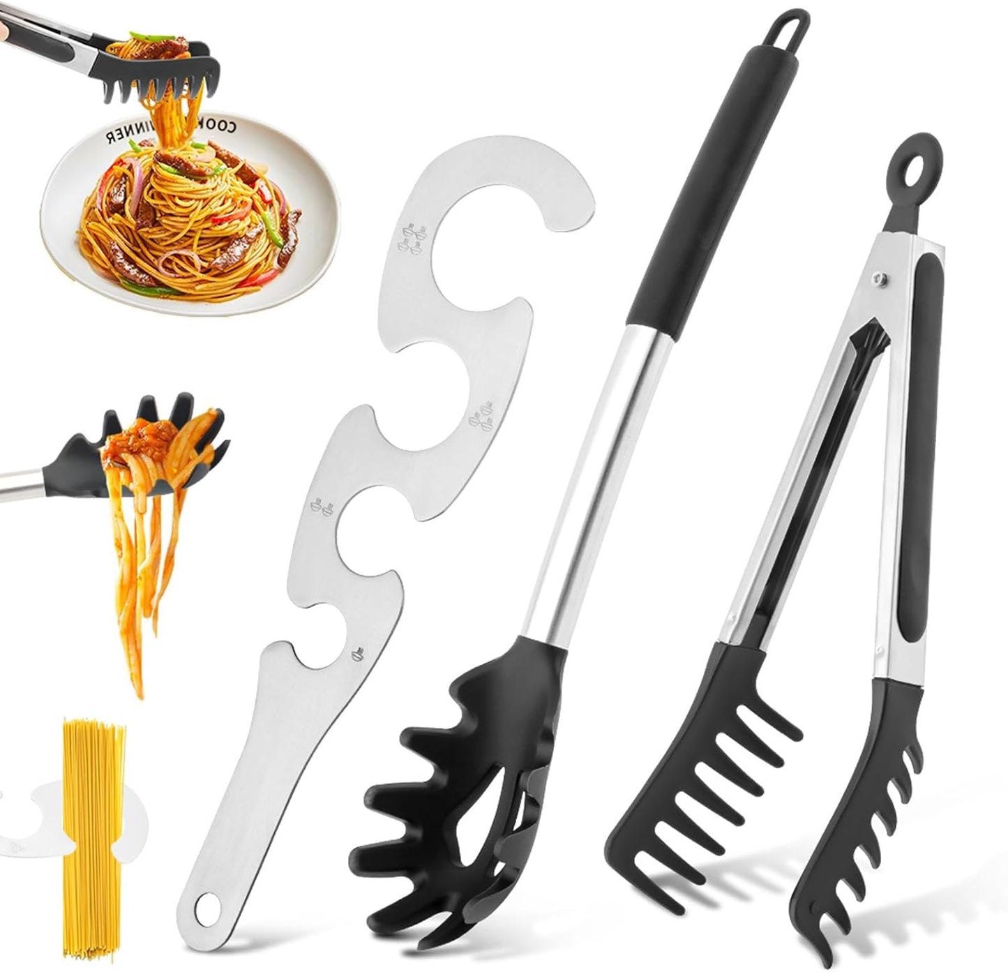 Cuchara silicona espagueti pinza pasta medidor mango acero inox