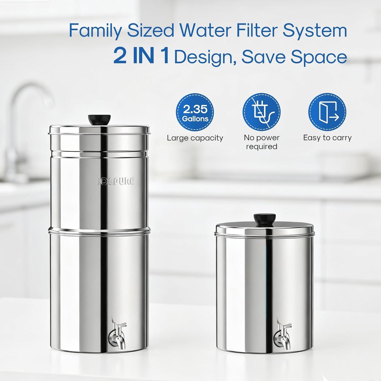 Sistema filtro agua gravedad 2.25G acero inox 2 filtros carbono