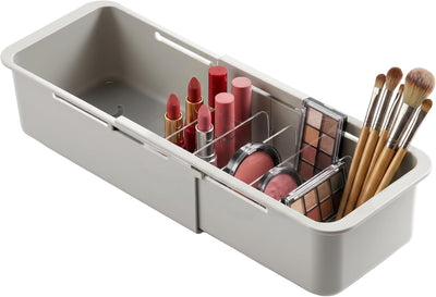 Organizador de cajones gris transparente con 5 divisores para cocina, dormitorio y oficina