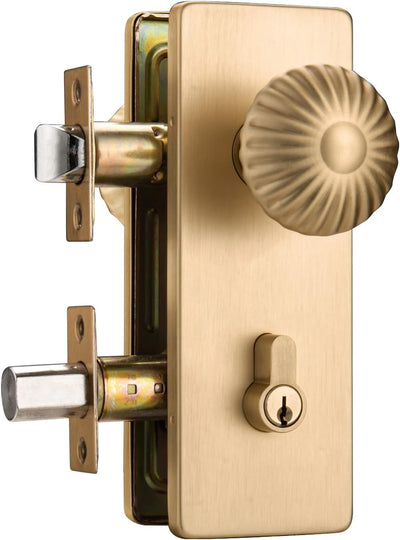 Pomo puerta dorado con cerradura de latón satinado