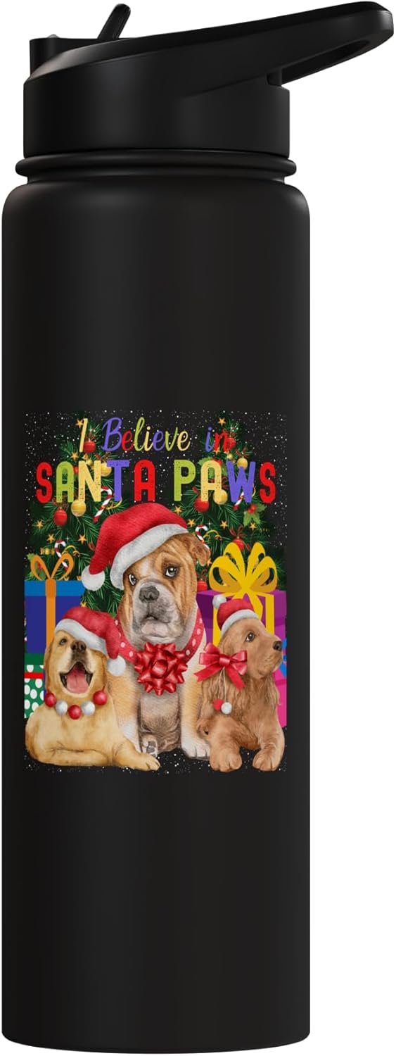 Botella de agua aislada de acero inoxidable con perros navideños