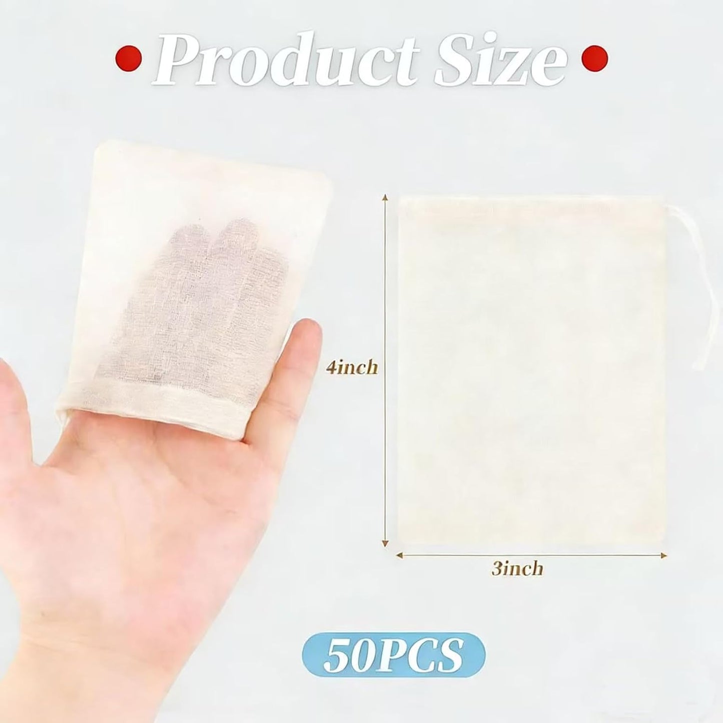 Paquete de 50 bolsas de té reutilizables de algodón natural sin blanquear