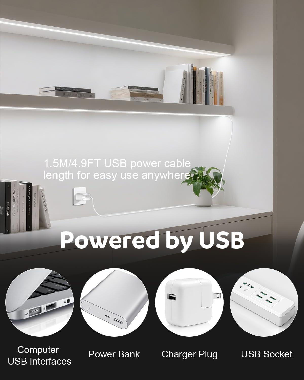 Tira Luz LED USB Blanca Fría Flexible Dormitorio