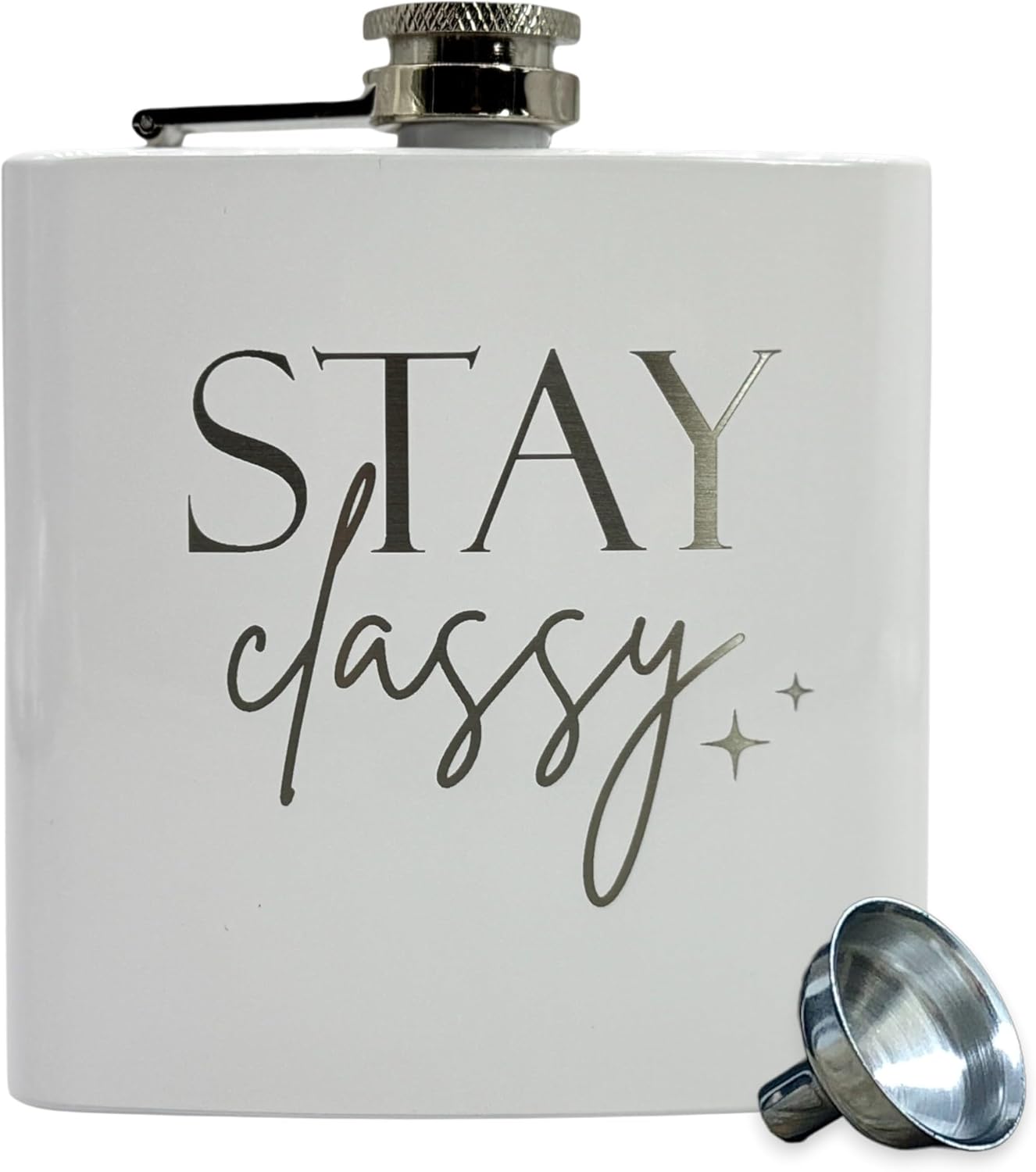 Frasco de cadera de acero inoxidable para mujer color blanco grabado Stay Classy con embudo