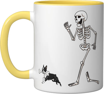 Taza Cerámica Halloween Boston Terrier Esqueleto Amarillo Blanco