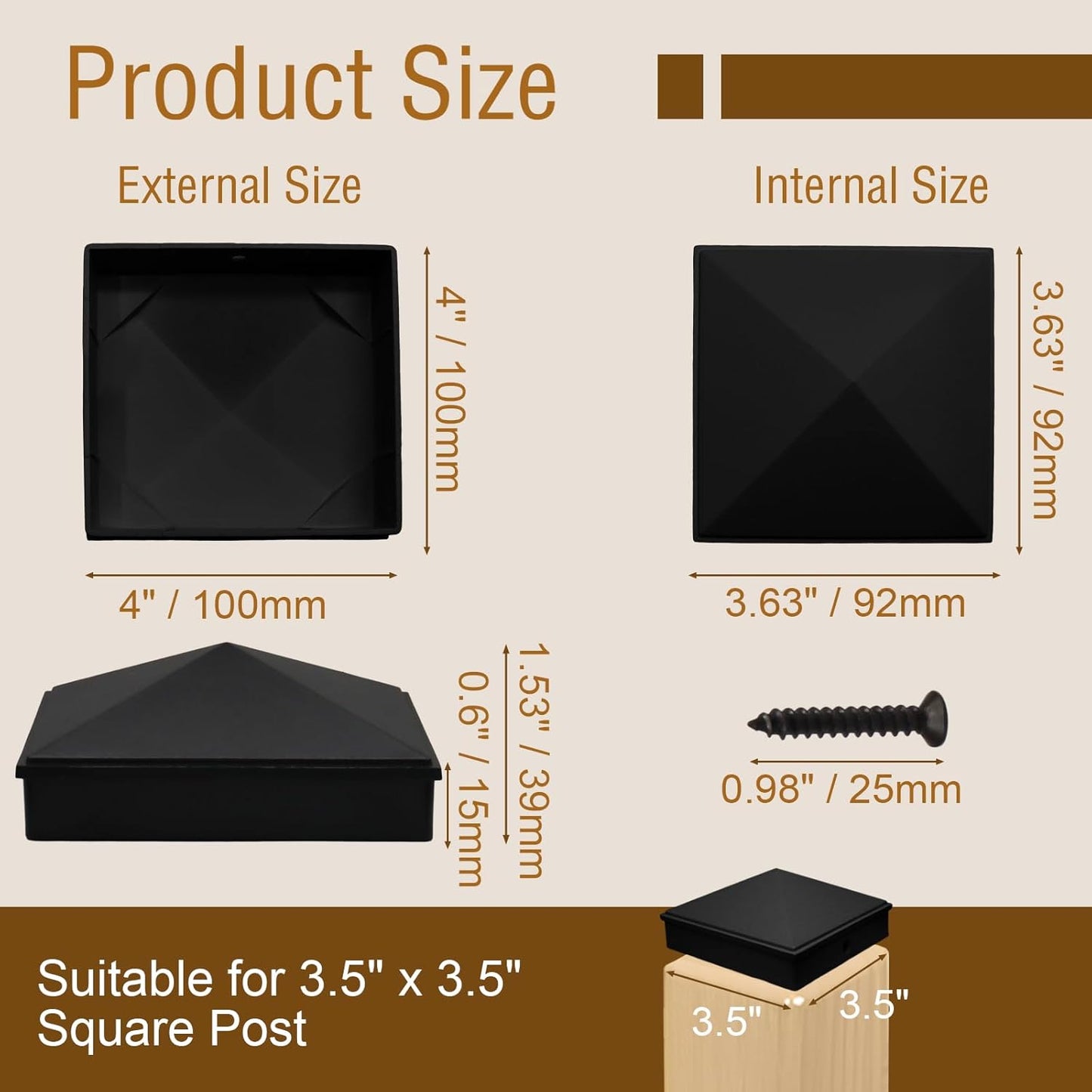 Tapones poste 4x4 pulg aluminio negro piramide para valla