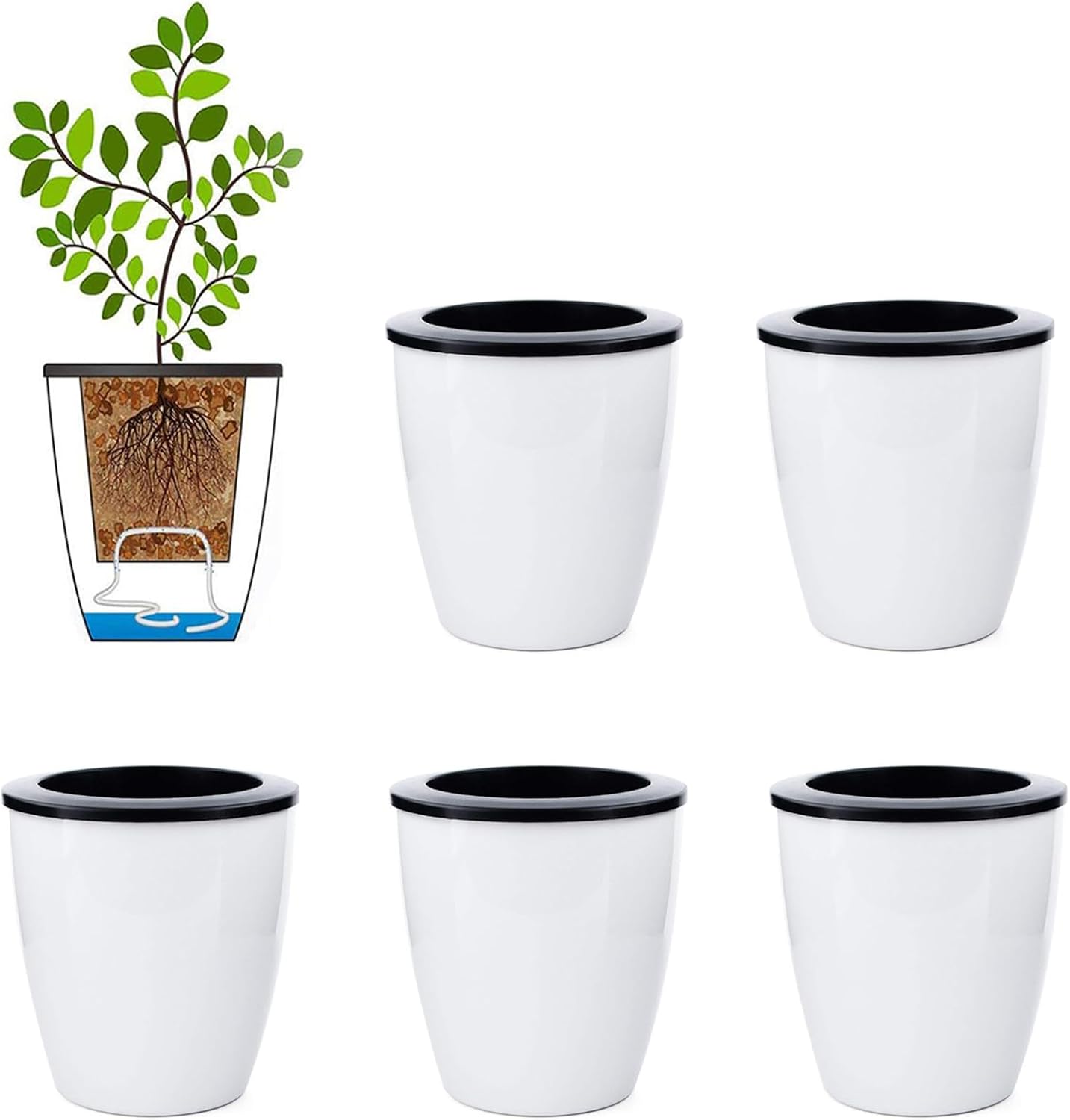 6 Macetas Riego Automático 3.5pulg Blancas para Plantas Hierbas