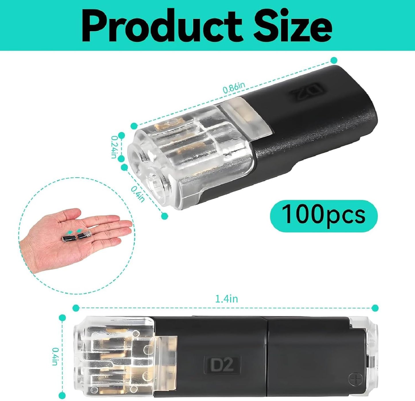 100 Conectores Doble Cable 2 Pines Hebilla Bloqueo Luces LED