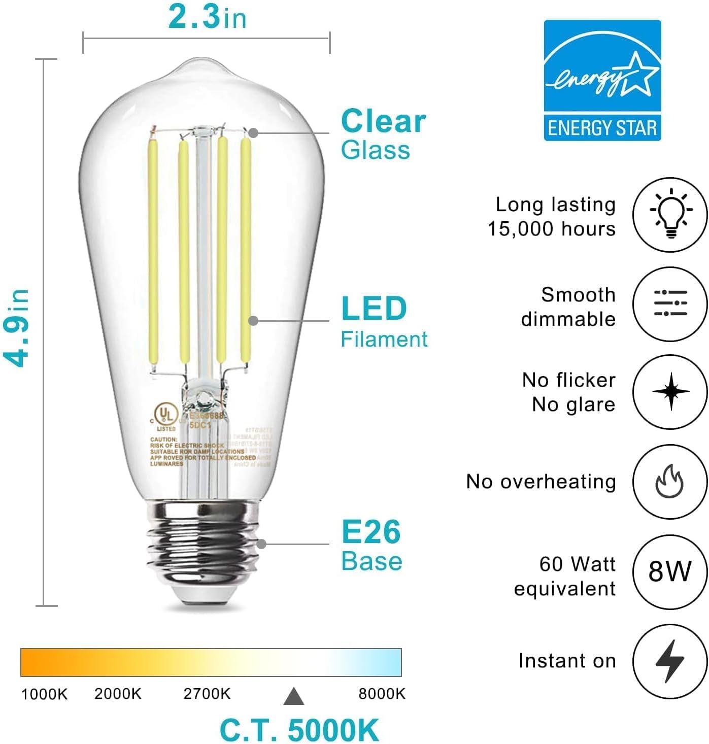20 Pzas Lámpara LED E26 Estilo Vintage 800Lumens