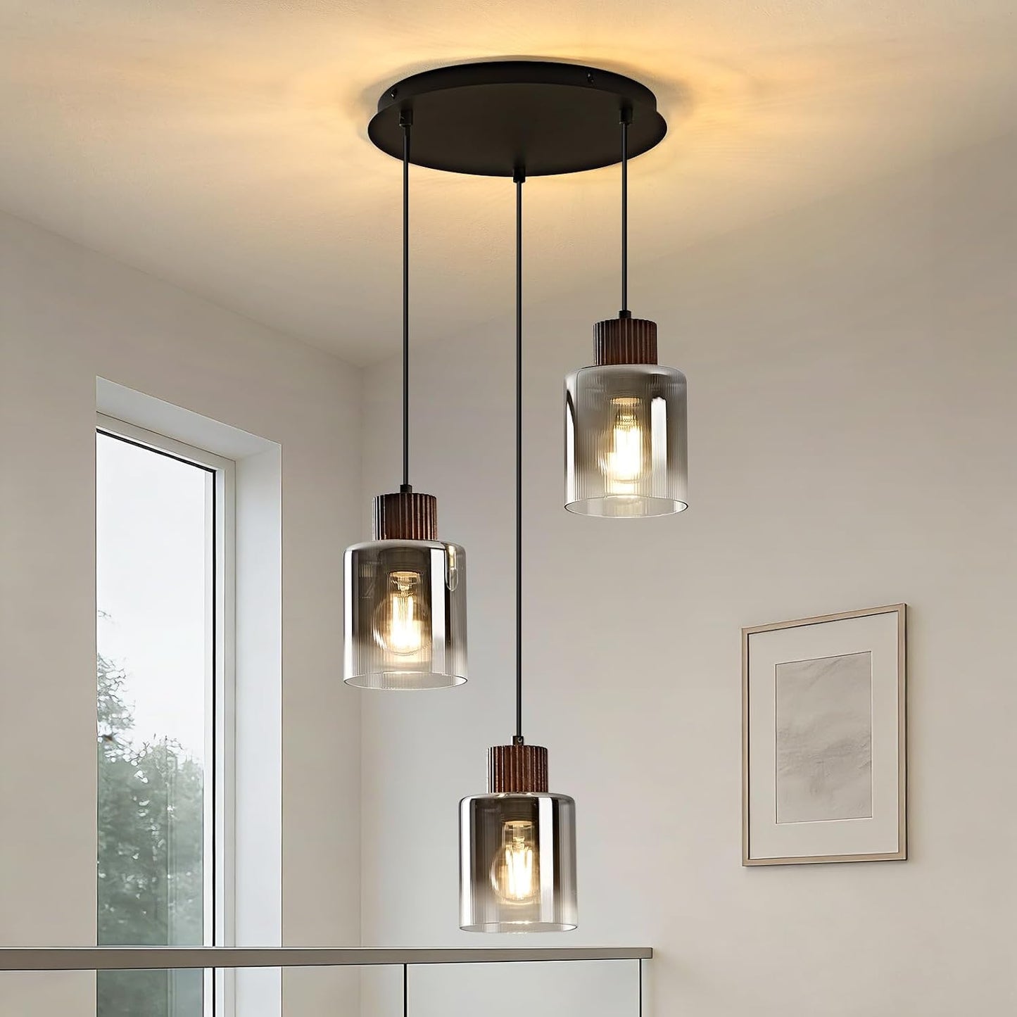 Lámpara colgante 3 luces madera negra y nogal vidrio gris