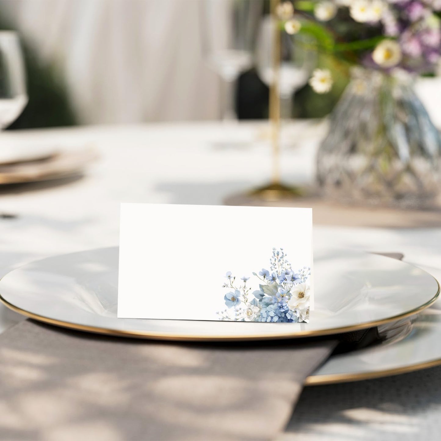 Tarjetas flores azules para mesa boda y eventos