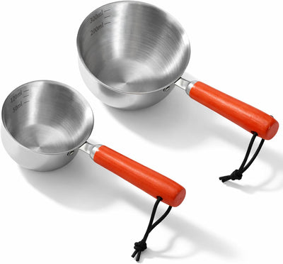 Paquete de 2 mini cacerolas acero inoxidable con mango de madera y boquillas dobles