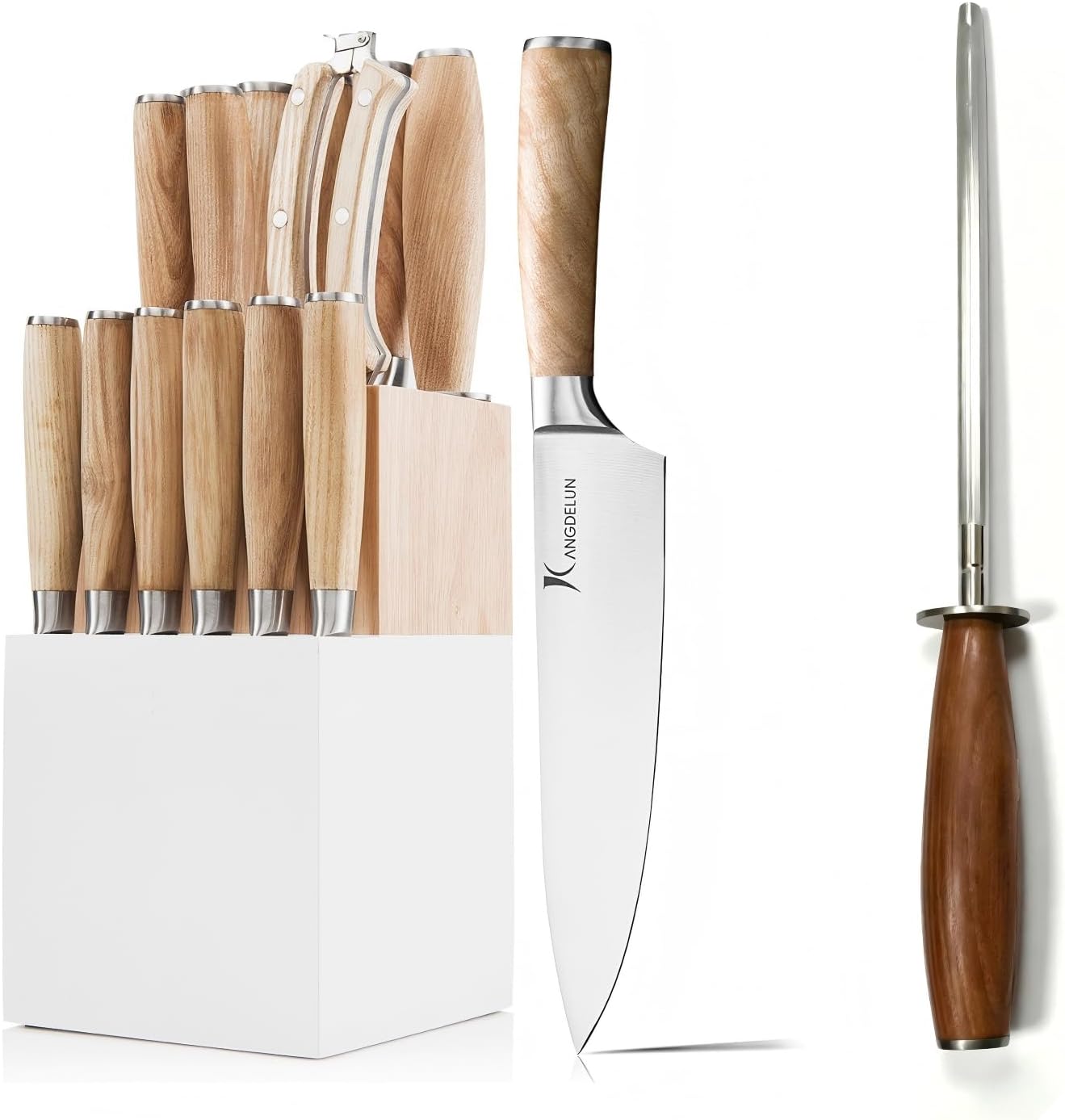 Set 15 cuchillos acero inox con afilador de 8" madera