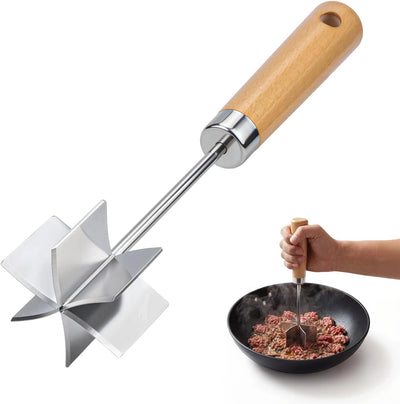Picador de carne acero inoxidable 304 con 6 cuchillas curvas y mango de madera
