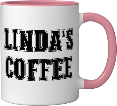 Taza de cerámica personalizada Linda's Coffee color rosa y blanco