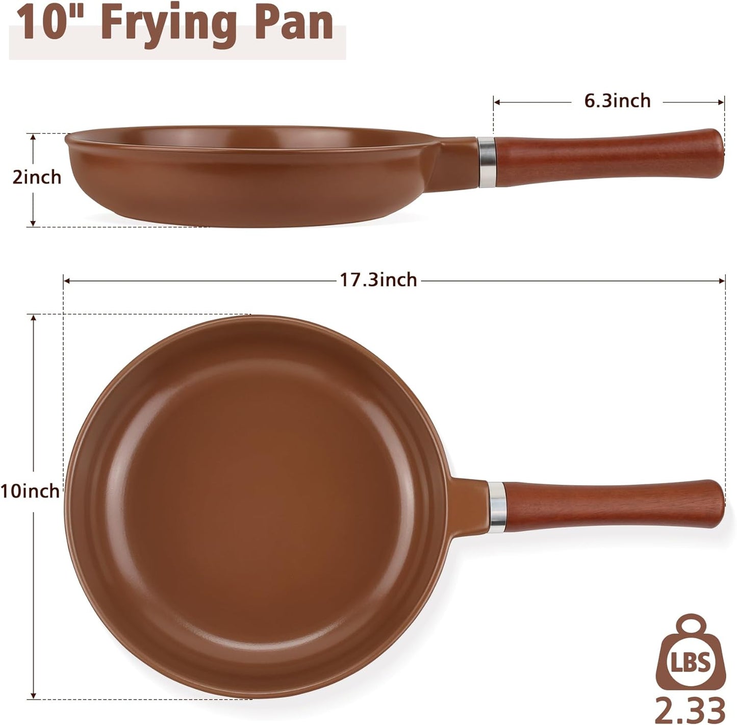 Sartén cerámica pura 10pulg no tóxica mango madera marrón