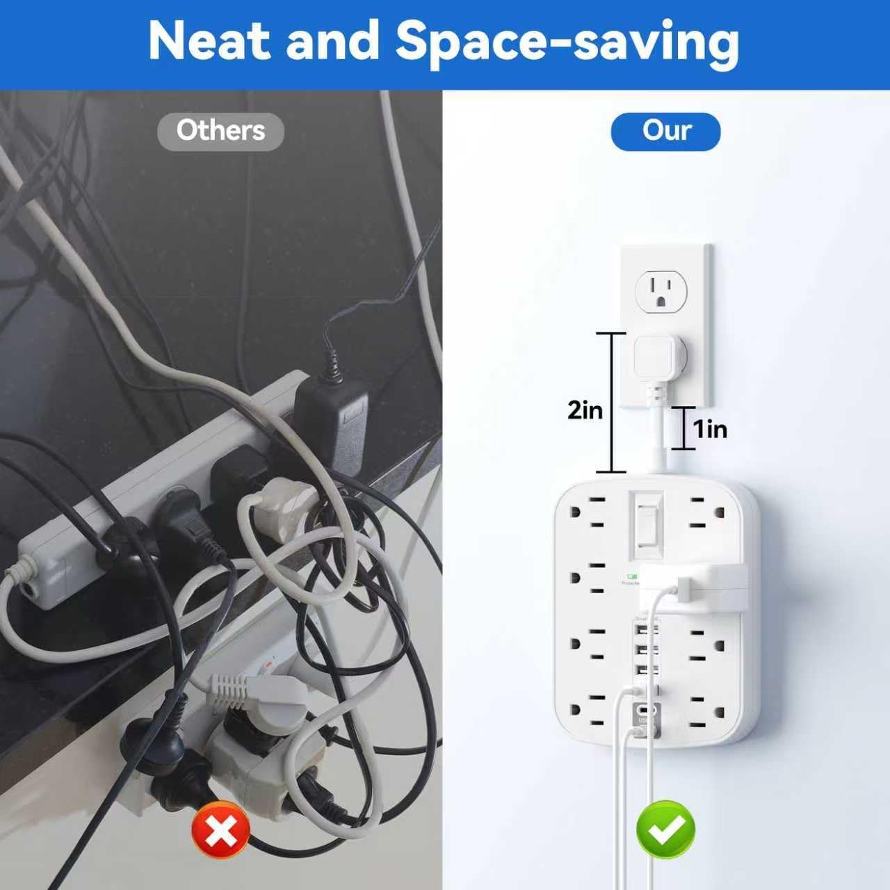 Cable extensión 1pulg con 8 tomas y 6 puertos USB