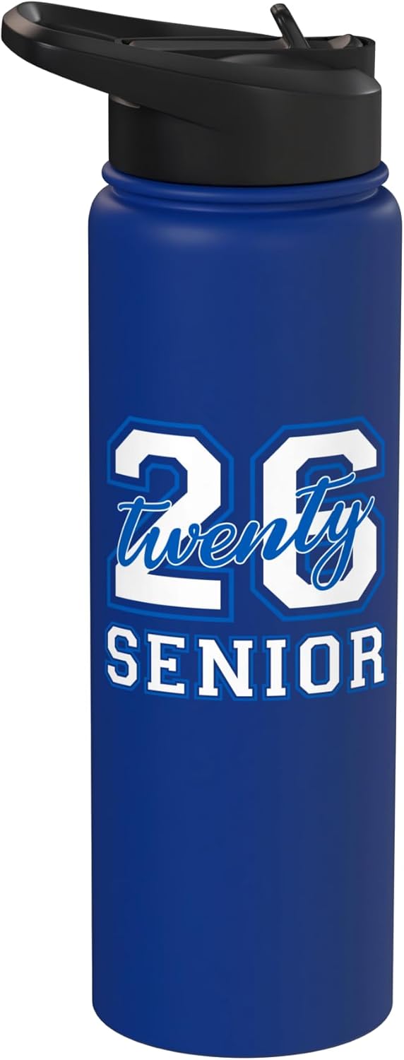 Botella de agua acero inoxidable sin BPA con letras varsity blanco azul