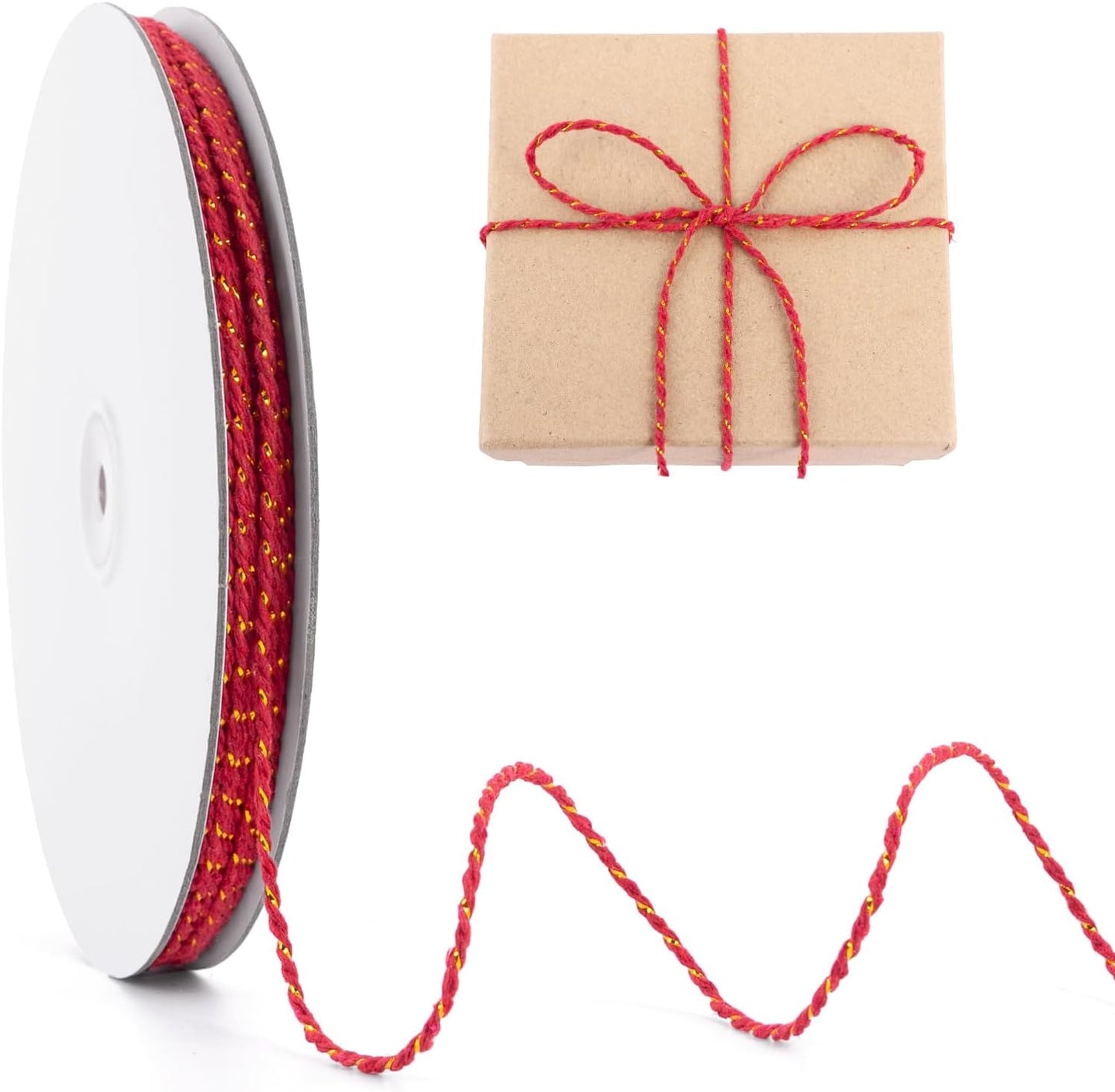 Cuerda de algodón rojo dorado 328ft para regalos y decoración