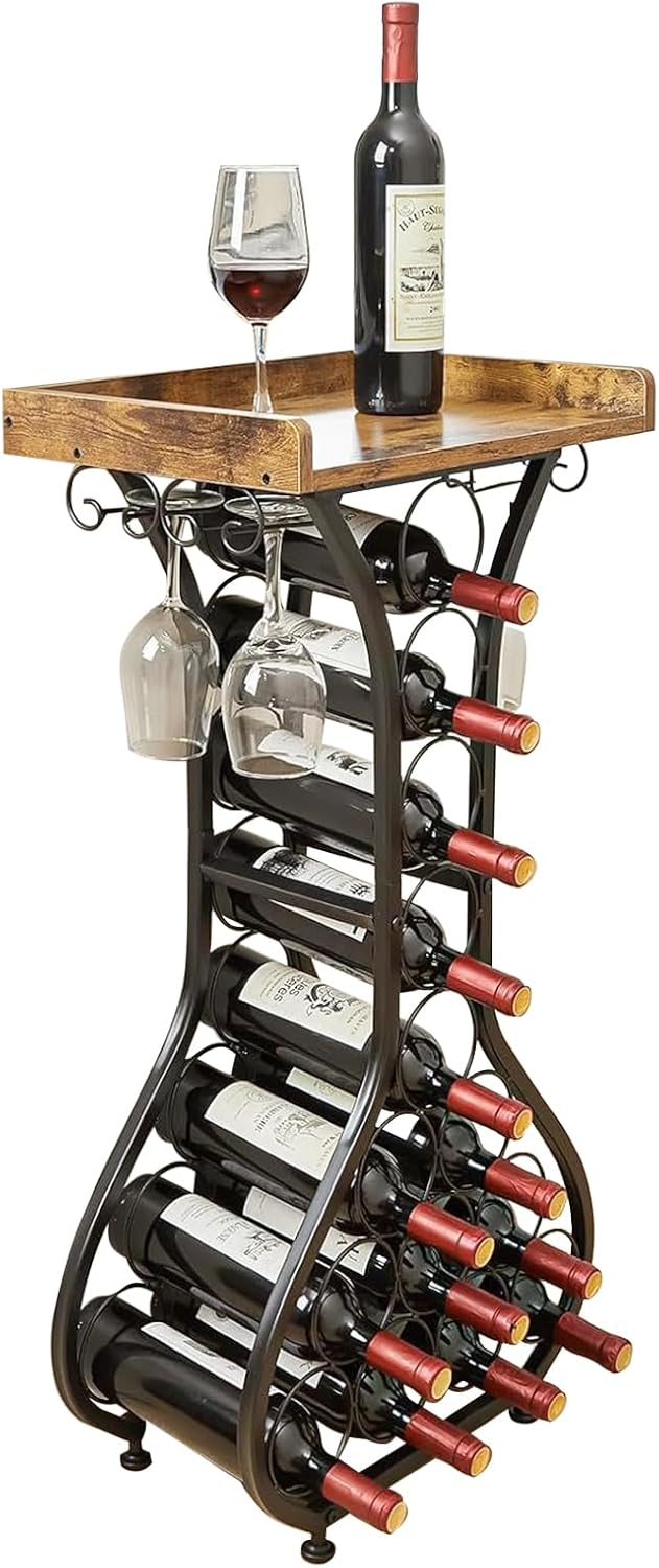 Estante vino piso 14 botellas soporte copas madera