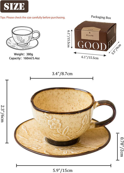 Juego de taza de café y platillo cerámico 5.4 oz beige en relieve