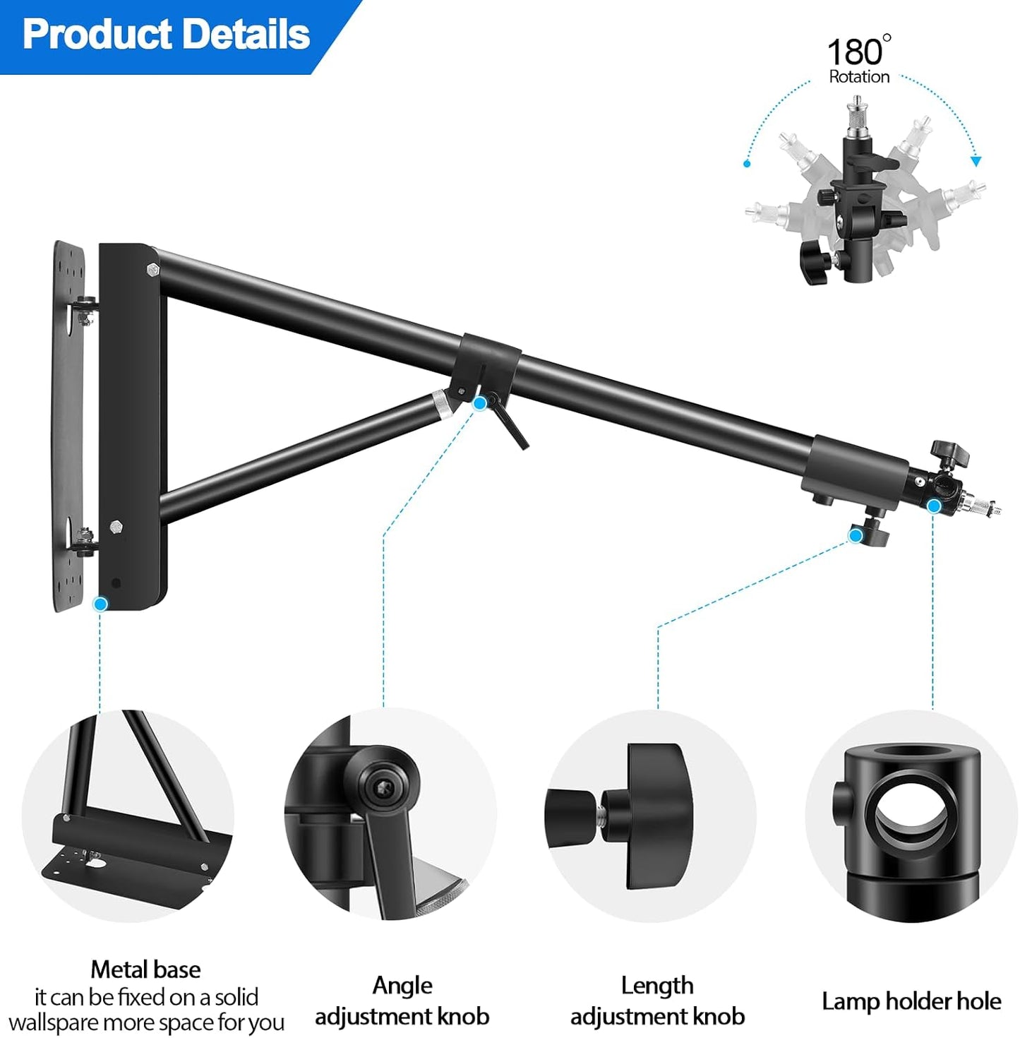 Soporte luz ajustable 53pulg rotación 180° adaptador 1/4-3/8
