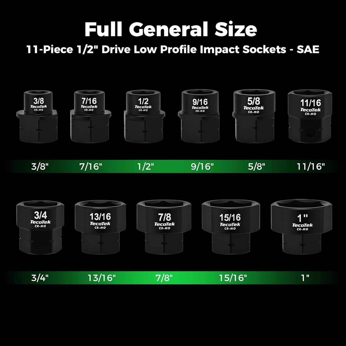 Juego 11 Pzas Dados Impacto SAE 1/2pulg 3/8-1" Cr-Mo