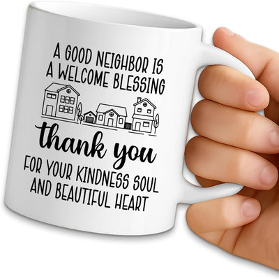 Taza de café divertida con texto en inglés A Good Neighbor is A Welcome Blessing