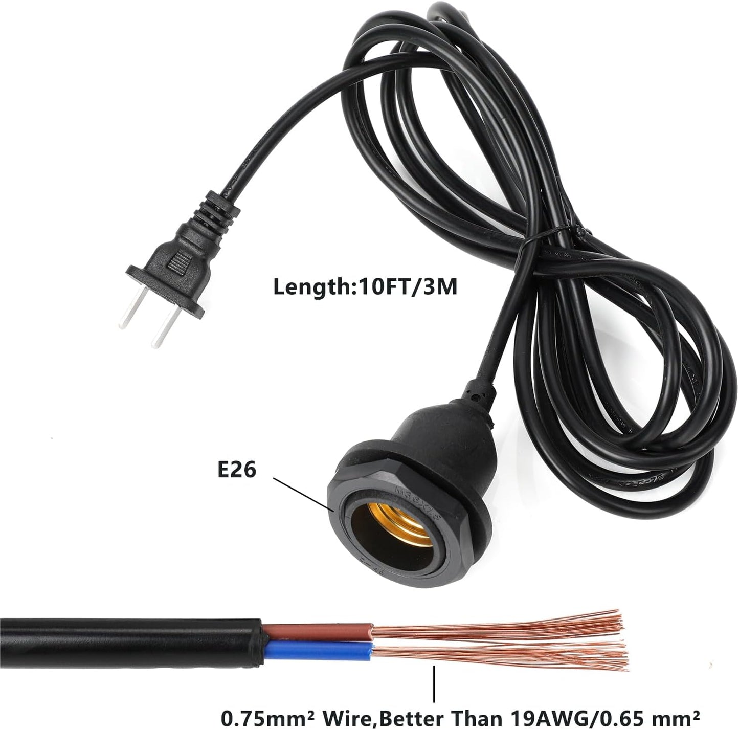 Cable enchufe luz impermeable E26 E27 10pies para lámpara colgante