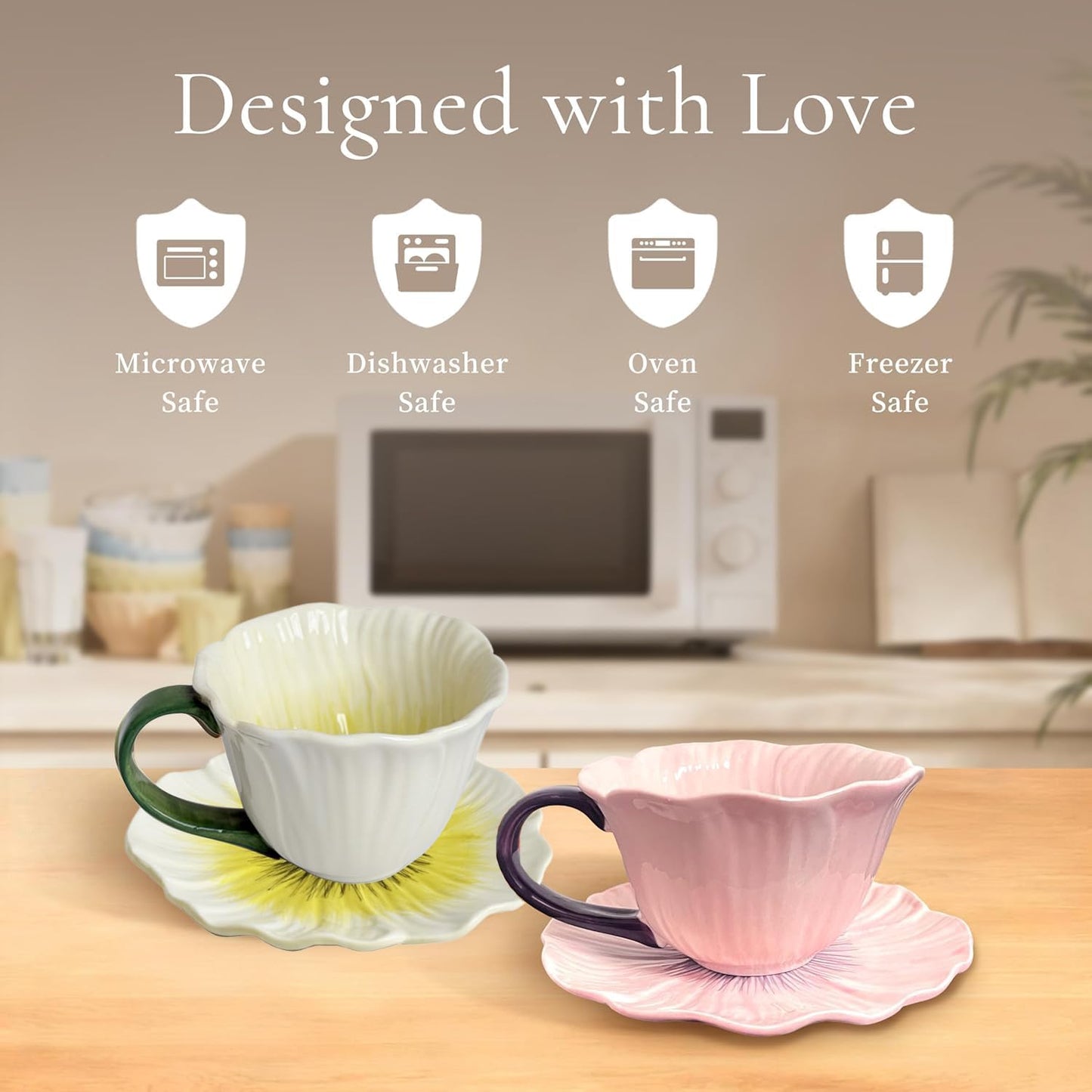 Juego de tazas de té y platillos de cerámica con forma de flor