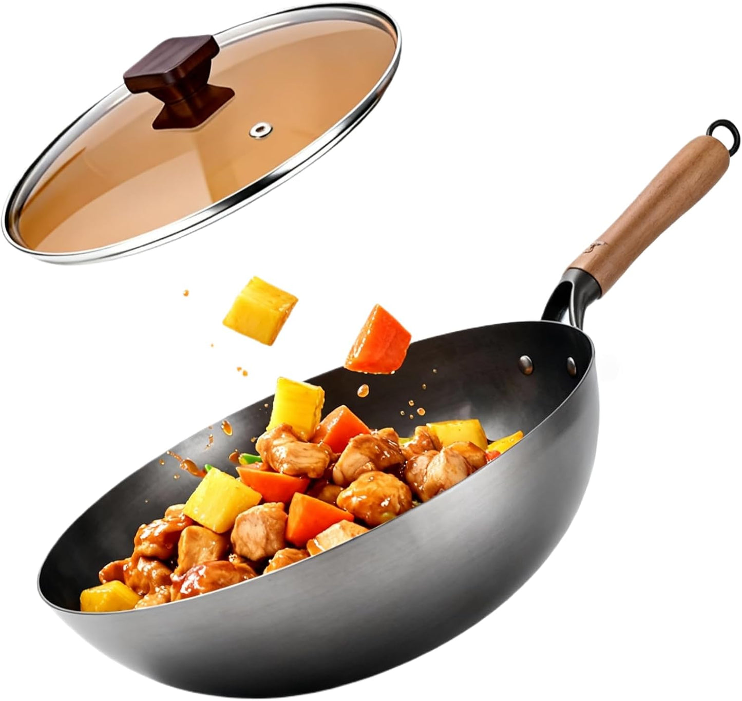 Wok acero al carbono 12pulg con tapa para estufas gas