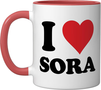 Taza de cerámica personalizada con nombre Sora, color rojo y blanco