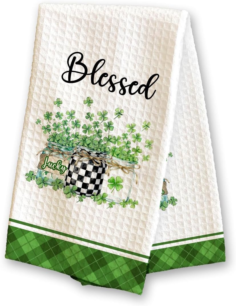 Toallas de cocina San Patricio a cuadros verde con motivo shamrock 16 x 24 pulgadas