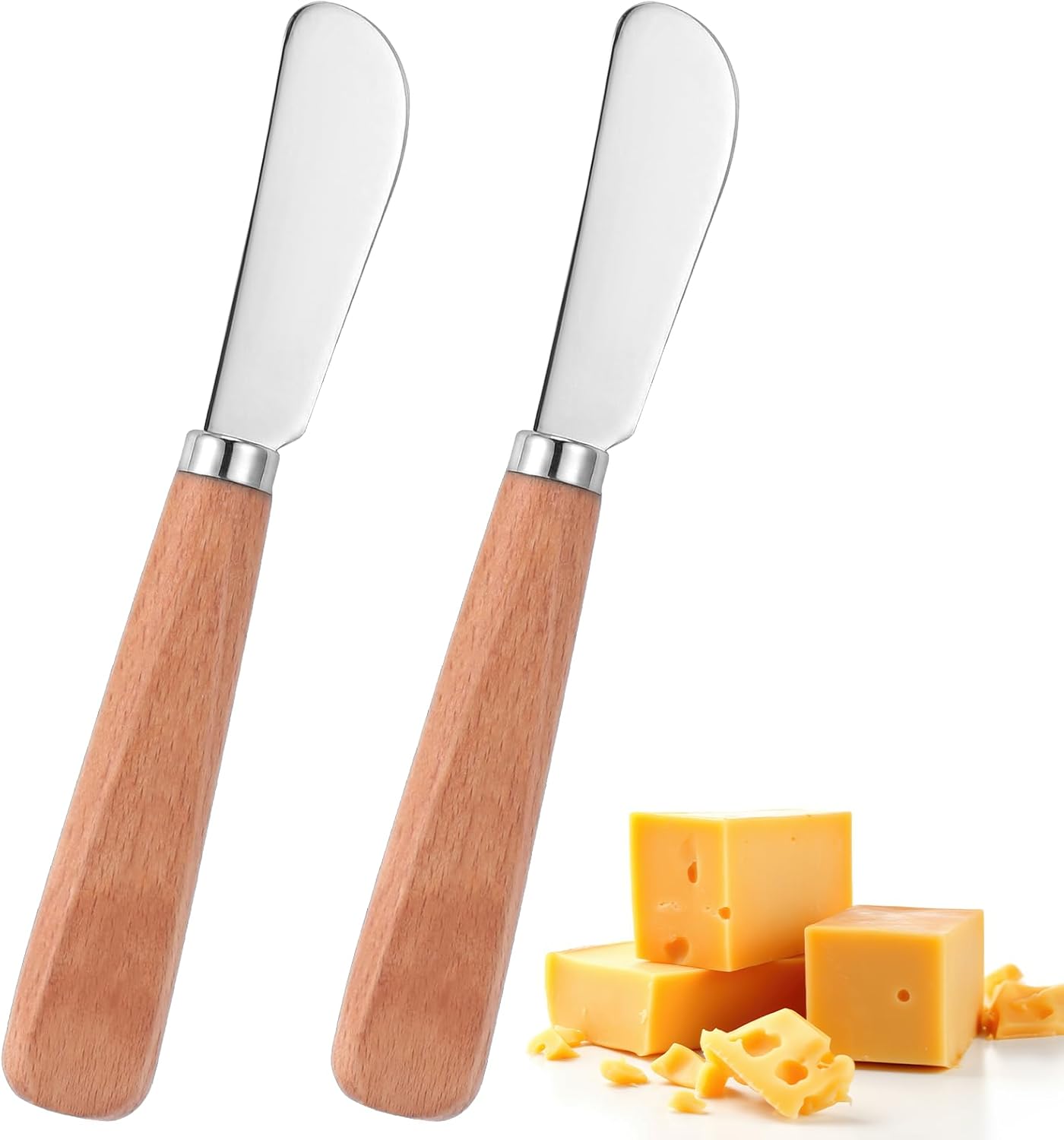 2 unidades de espátula de mantequilla de acero inoxidable con mango de madera