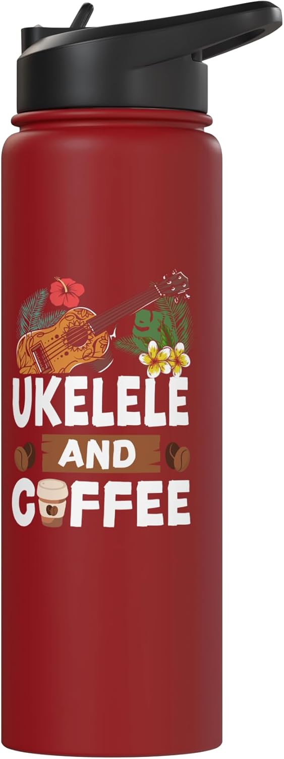 Bolso para ukulele y botella de agua acero inoxidable aislada
