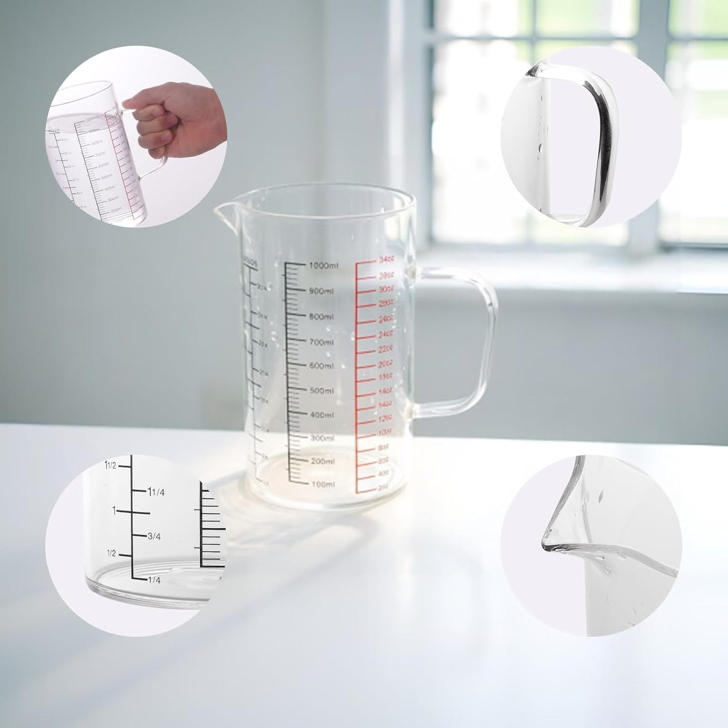 Taza medidora de vidrio transparente con mango y boquilla en V, triple escala