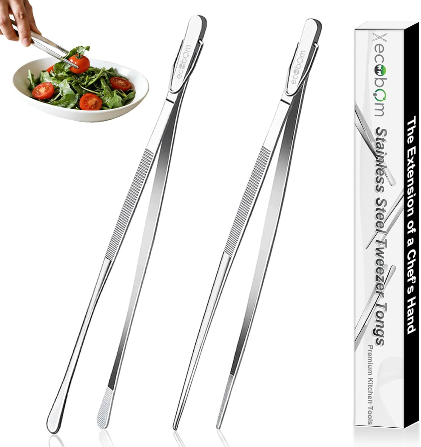 Pinzas de cocina de acero inoxidable dentadas doble punta con gancho