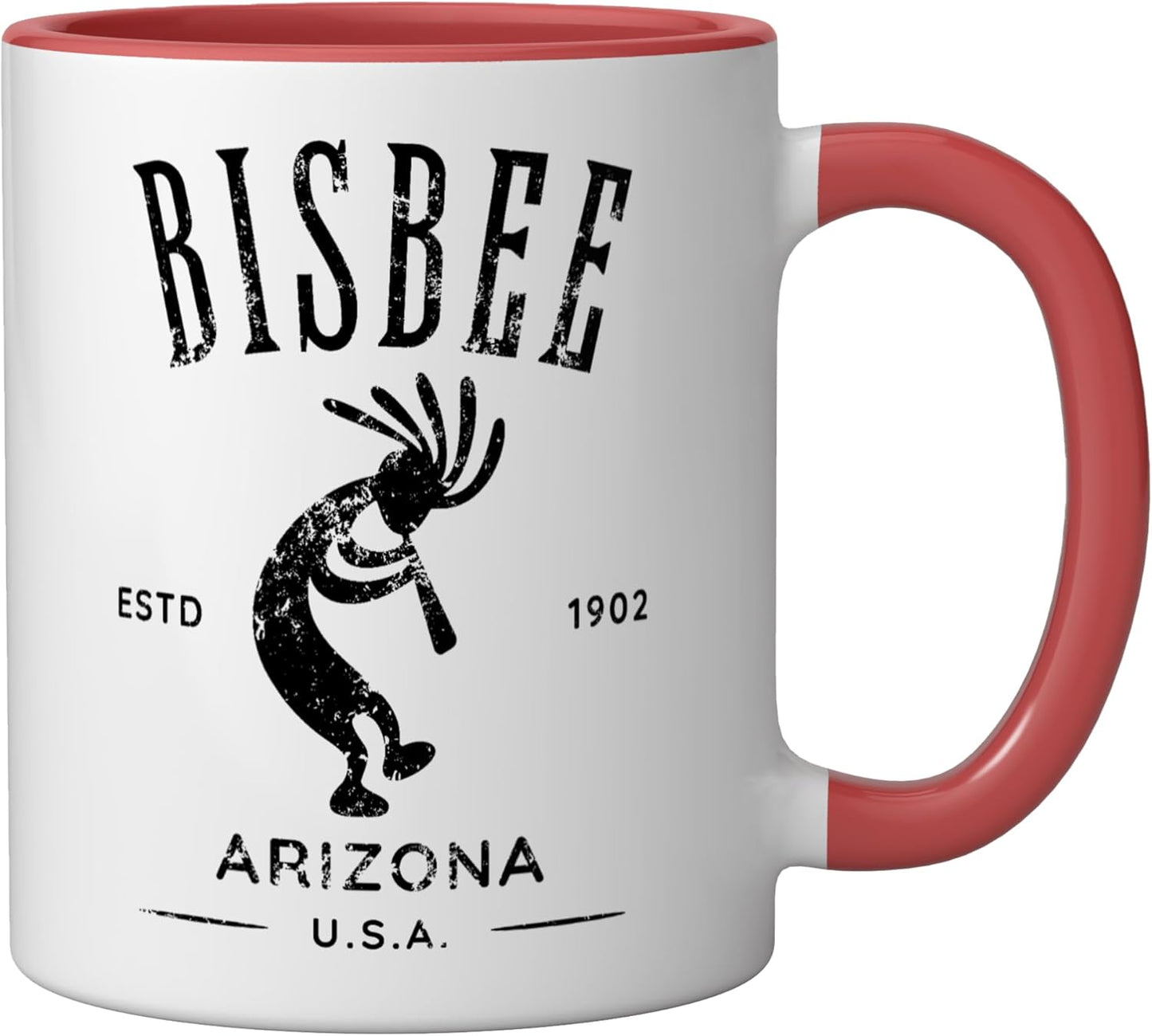Taza cerámica Bisbee Arizona Dancing Kokopelli diseño desgastado rojo/blanco