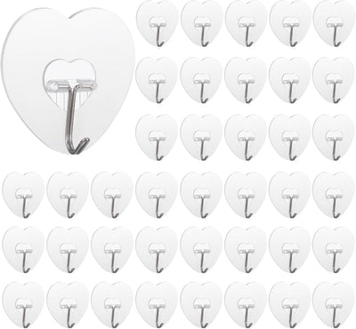 40 Ganchos Adhesivos Transparentes Corazón Pared Impermeables
