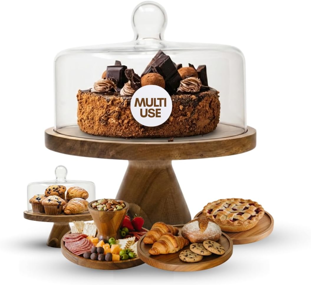Soporte de madera de acacia con tapa de cristal para pasteles y servir