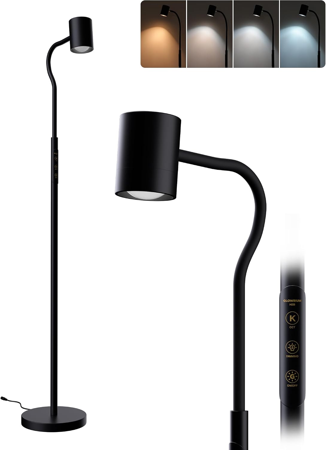 Lámpara LED pie 62pulg regulable 7 brillos 4 temperaturas cuello cisne