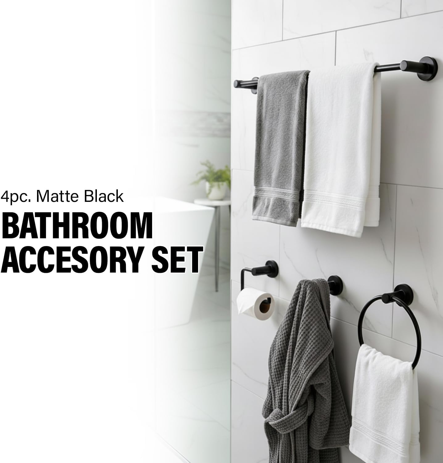 Set 4 Pzas Accesorios Baño Negro Mate Toallero 24pulg